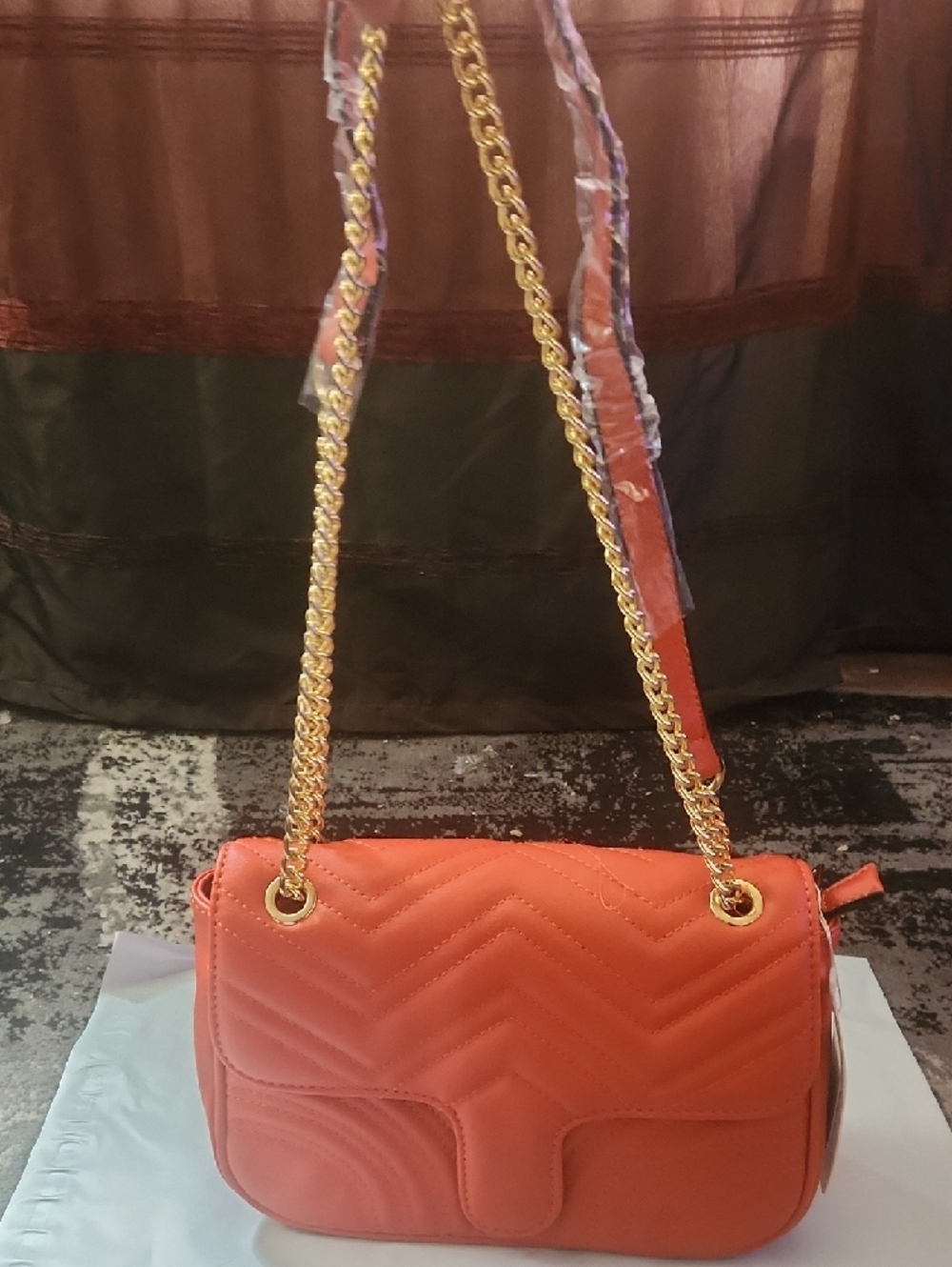Orange Quilted Crossbody Bag with Gold Chain Strap and Matching Wallet - Picture 3 of 6